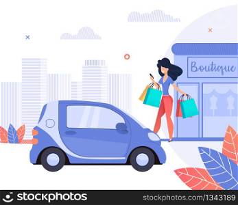 Boutique. Happy Girl goes Shopping from Boutique. Woman goes Car with Packages. Near Branded Clothing Store Parked Car. Beautiful Street Modern Big City. Downtown with Shops and Offices.