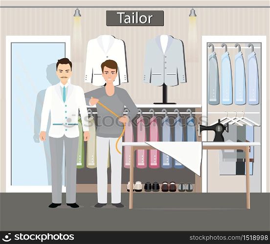 Boutique indoor of men&rsquo;s cloths fashion, tailor shop, Clothing store, interior building vector illustration.