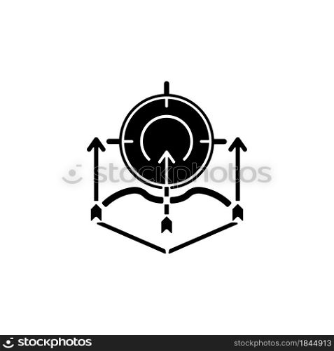 Bow and arrow hunting black glyph icon. Bowhunting. Hunter sits and stalks animal. Use game call to attract prey. Compound bow. Silhouette symbol on white space. Vector isolated illustration. Bow and arrow hunting black glyph icon