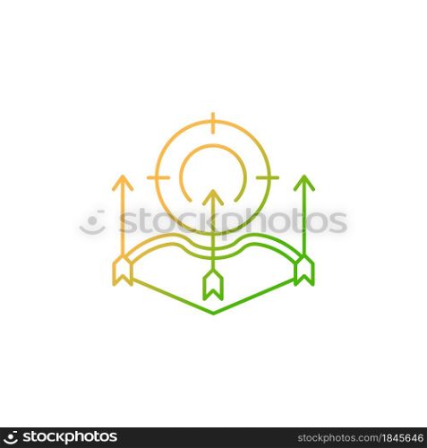 Bow and arrow hunting gradient linear vector icon. Archery hunting. Hunter sits and stalks animal. Compound bow. Thin line color symbol. Modern style pictogram. Vector isolated outline drawing. Bow and arrow hunting gradient linear vector icon