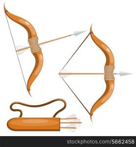 Bow and arrows and arrows in the quiver. Isolated on white background. Vector illustration.