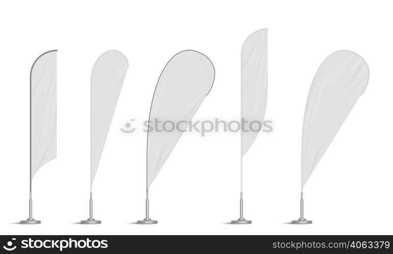 Bow and feather beach flags, blank curved wind banners templates. Vertical signboards for outdoor city advertising. Expo stands mockup isolated on white background, Realistic 3d vector mock up set. Bow and feather beach flags, blank curved banners