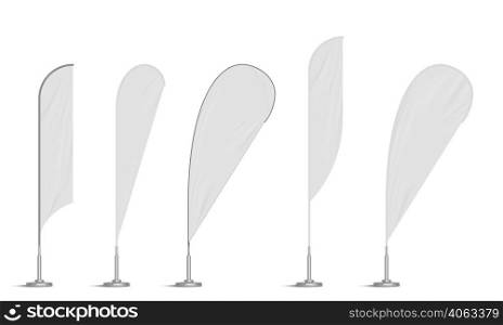 Bow and feather beach flags, blank curved wind banners templates. Vertical signboards for outdoor city advertising. Expo stands mockup isolated on white background, Realistic 3d vector mock up set. Bow and feather beach flags, blank curved banners