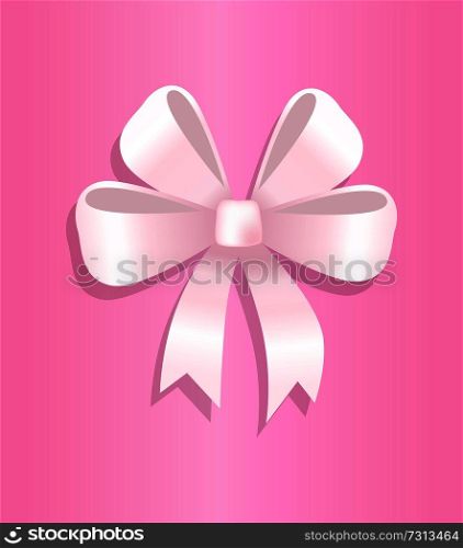 Bow made of silk tape icon, vector illustration gentle decorative element isolated on pink background, tied ribbon with four petals and two ends. Bow Made of Silk Tape Icon, Vector Illustration