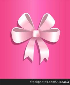 Bow made of silk tape icon, vector illustration gentle decorative element isolated on pink background, tied ribbon with four petals and two ends. Bow Made of Silk Tape Icon, Vector Illustration