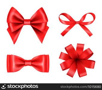 Bow realistic. Holiday decoration colored bow with satin ribbons vector 3d pictures set. Illustration of realistic ribbon 3d for christmas gift. Bow realistic. Holiday decoration colored bow with satin ribbons vector 3d pictures set