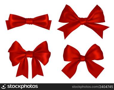Bow realistic. Ribbons for gift box decoration festival symbols decent vector celebration textile items colored bows. Gift bow to birthday and holiday box illustration. Bow realistic. Ribbons for gift box decoration festival symbols decent vector celebration textile items colored bows