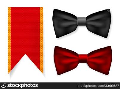 Bow tie and red ribbon with fabric texture. Vector illustration