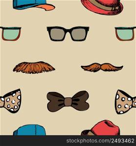Bow tie, glasses and mustache seamless pattern. Hipster background vector illustration. Bow tie, glasses and mustache seamless pattern