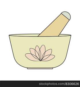 Bowl and pestle for grinding herbs and ingredients for homemade cosmetics. Colored simple icon. Cosmetic product, face care