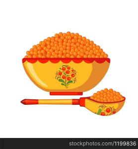 Bowl and wooden spoon with red caviar icon in flat style isolated on white background. Dishes with russian traditional ornament khokhloma. Vector illustration.. Vector bowl and wooden spoon with red caviar icon in flat style isolated on white background.