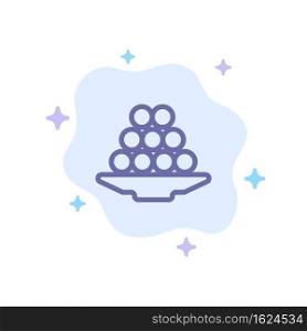 Bowl, Delicacy, Dessert, Indian, Laddu, Sweet, Treat Blue Icon on Abstract Cloud Background