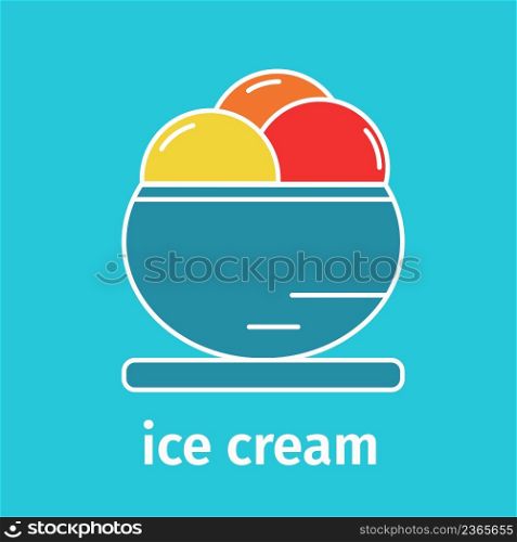 Bowl ice cream line color icon. Multicolored ice cream balls in bowl on blue background. Vector flat illustration