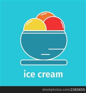 Bowl ice cream line color icon. Multicolored ice cream balls in bowl on blue background. Vector flat illustration