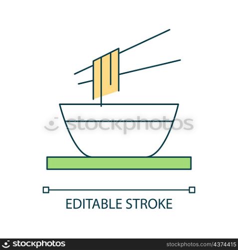 Bowl of Asian noodles RGB color icon. Delicious ramen and chopsticks. Traditional Asian cuisine. Isolated vector illustration. Simple filled line drawing. Editable stroke. Arial font used. Bowl of Asian noodles RGB color icon