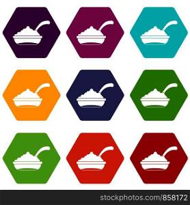 Bowl of caviar with spoon icon set many color hexahedron isolated on white vector illustration. Bowl of caviar with spoon icon set color hexahedron