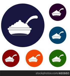 Bowl of caviar with spoon icons set in flat circle reb, blue and green color for web. Bowl of caviar with spoon icons set