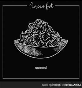 Bowl of delicious namnul from traditional Korean food. Exotic unusual dish with noodles. Nutritious oriental cuisine with special ingredients. Tasty namnul isolated monochrome vector illustration.. Bowl of delicious namnul from traditional Korean food