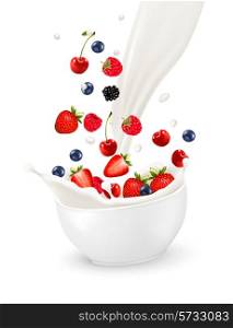 Bowl of healthy berries and splash of milk. Vector illustration