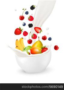 Bowl of healthy fruit and splash milk. Vector illustration.