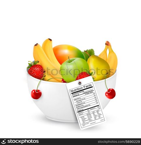 Bowl of healthy fruit with a nutrient label. Vector.