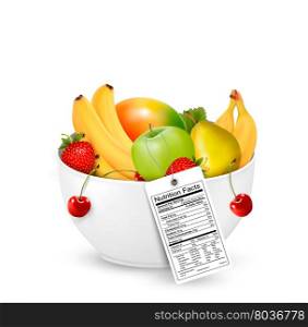 Bowl of healthy fruit with a nutrient label. Vector.