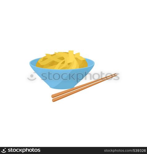 Bowl of rice with chopsticks icon in cartoon style on a white background. Bowl of rice with chopsticks icon, cartoon style
