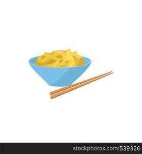 Bowl of rice with chopsticks icon in cartoon style on a white background. Bowl of rice with chopsticks icon, cartoon style