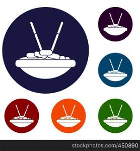 Bowl of rice with chopsticks icons set in flat circle reb, blue and green color for web. Bowl of rice with chopsticks icons set