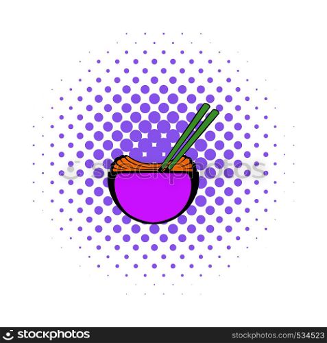 Bowl of rice with pair of chopsticks icon in comics style on a white background. Bowl of rice with chopsticks icon, comics style