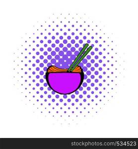 Bowl of rice with pair of chopsticks icon in comics style on a white background. Bowl of rice with chopsticks icon, comics style