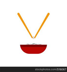 Bowl of rice with pair of chopsticks icon in flat style isolated on white background. Bowl of rice with pair of chopsticks icon