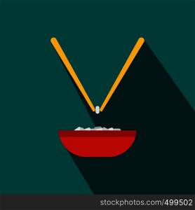 Bowl of rice with pair of chopsticks icon in flat style on a blue background. Bowl of rice with pair of chopsticks icon