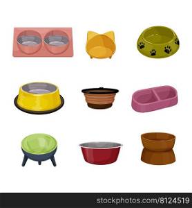 bowl pet food, dog and cat, animal feed, empty plate, dish cartoon icons set vector illustrations. bowl pet food cartoon icons set vector