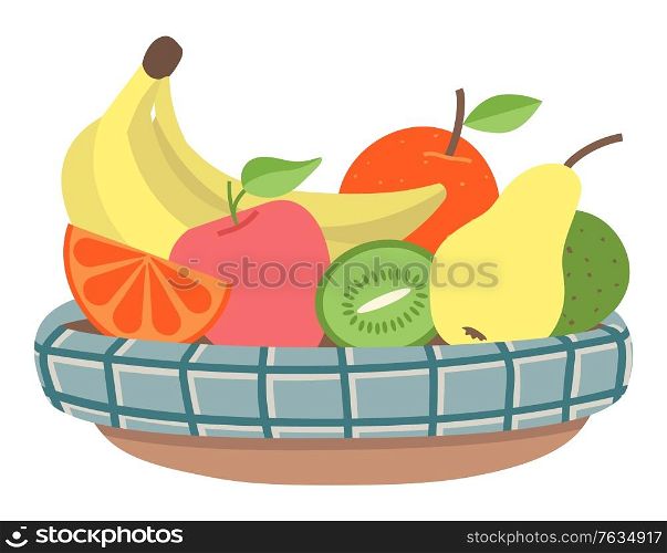 Bowl with fruits, isolated plate with meal for vegetarians. Organic products, banana and kiwi, apple and pear, fresh ripe ingredients in container. Vector illustration in flat cartoon style. Bowl with Fruits Banana and Kiwi, Apple and Pear