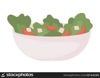 Bowl with green veggies and cheese semi flat color vector object. Greek salad. Editable element. Full sized item on white. Simple cartoon style illustration for web graphic design and animation. Bowl with green veggies and cheese semi flat color vector object