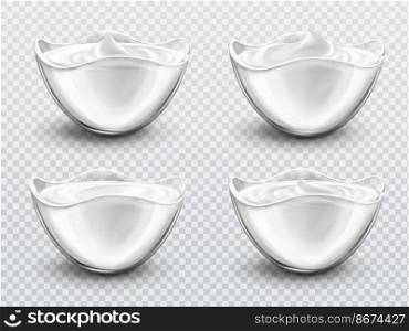 Bowl with sauce, sour cream, mayonnaise or yogurt realistic vector. Glass cup with fresh dairy product, creamy cheese or sweet mousse with swirl isolated on transparent background, 3d illustration. Bowl with sauce, sour cream. mayonnaise or yogurt