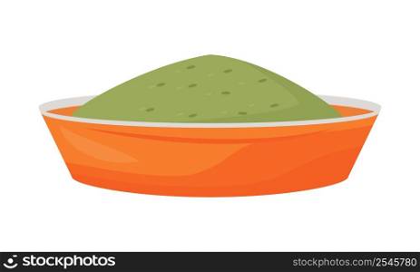 Bowl with vegan dish semi flat color vector element. Full sized object on white. Tasty meal. Spinach vegetarian course simple cartoon style illustration for web graphic design and animation. Bowl with vegan dish semi flat color vector element