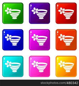 Bowl with water for spa icons of 9 color set isolated vector illustration. Bowl with water for spa set 9