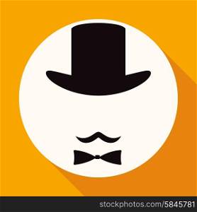 Bowler hat and moustache on white circle with a long shadow