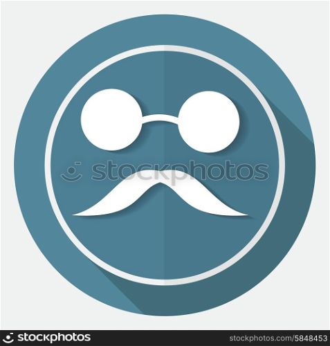 Bowler hat and moustache on white circle with a long shadow
