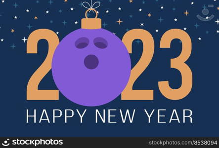 Bowling 2023 Happy New Year. Sports greeting card with violet bowling ball on the flat background. Vector illustration.