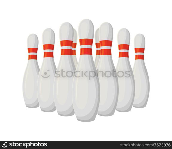 Bowling activity vector, isolated icon of skittles standing in row. Tournament game and sport, championship hitting objects with painted top. Active hobby. Bowling Activity, Skittles Standing in Row Icon