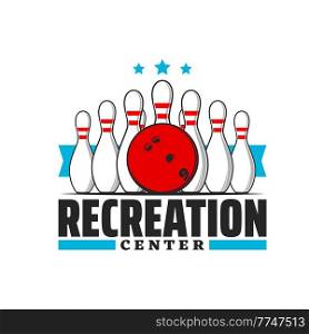 Bowling alley icon, sport game club and recreation center vector emblem. Bowling sign with ball and pins for strike in tournament or competition, bowling sport team badge with ribbon and stars. Bowling alley icon, game club or recreation center