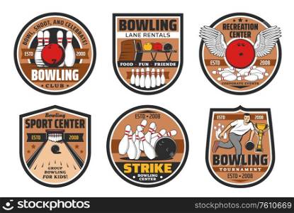 Bowling alley, skittle ground center vector icons. Ninepin bowling strike game tournament, sport recreation tournament and family entertainment center lane rentals, pins and ball with wings. Bowling alley, skittle ground sport center icons