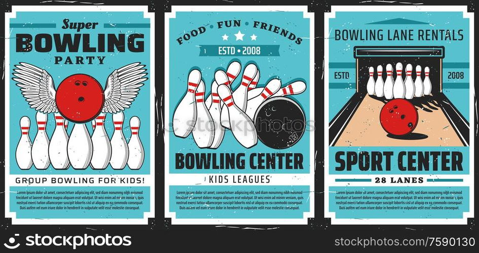 Bowling alley with balls and pins, vector posters. Bowling sport center lanes with skittles strike and winged ball. Retro posters of sporting competition and leisure activity. Bowling balls and pins on alley