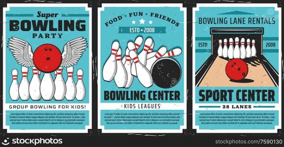 Bowling alley with balls and pins, vector posters. Bowling sport center lanes with skittles strike and winged ball. Retro posters of sporting competition and leisure activity. Bowling balls and pins on alley