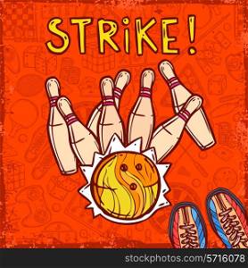 Bowling ball and pins sketch poster with sport and board games on background vector illustration