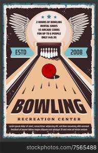 Bowling center retro grunge poster, sport club and leisure games recreation center. Vector bowling shoes and lanes rental, ball and skittle pins strike, hobby entertainment. Bowling recreation center, shoes and lane rental
