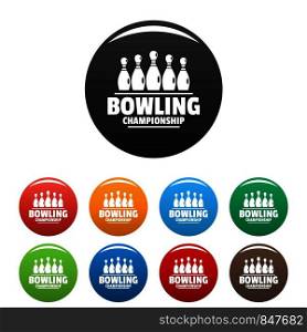 Bowling championship icons set 9 color vector isolated on white for any design. Bowling championship icons set color
